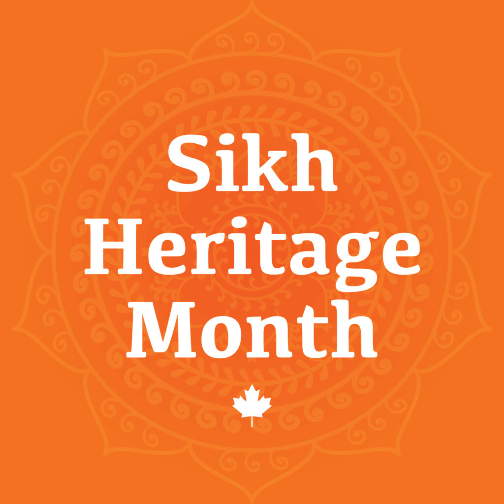 "Sikh Heritage Month" text against an orange background
